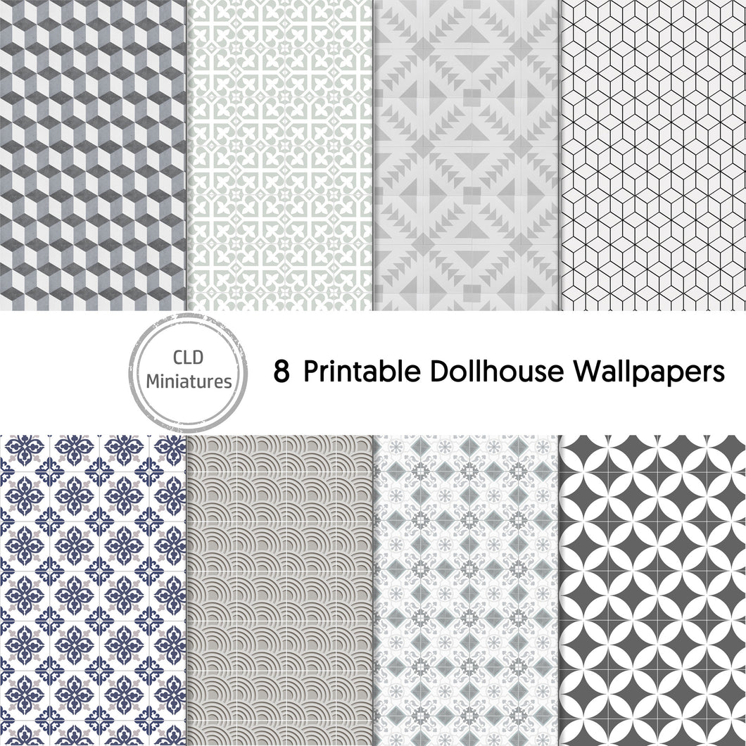 Printable Dollhouse Grey Tile Patterns - 8 Patterns