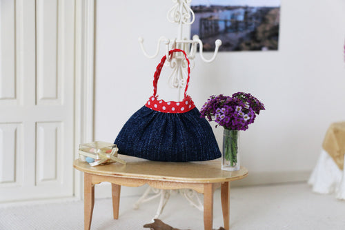 1:6 Scale Doll Denim and Red Spot Handbag