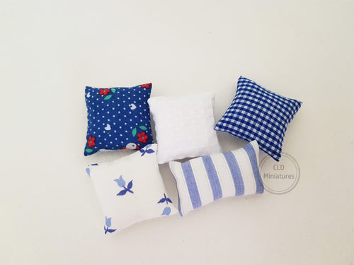 Set of 5 Blue and White Cushions