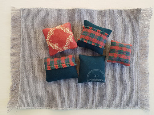 Set of 5 Mixed Green and Dark Red Tartan Cushions